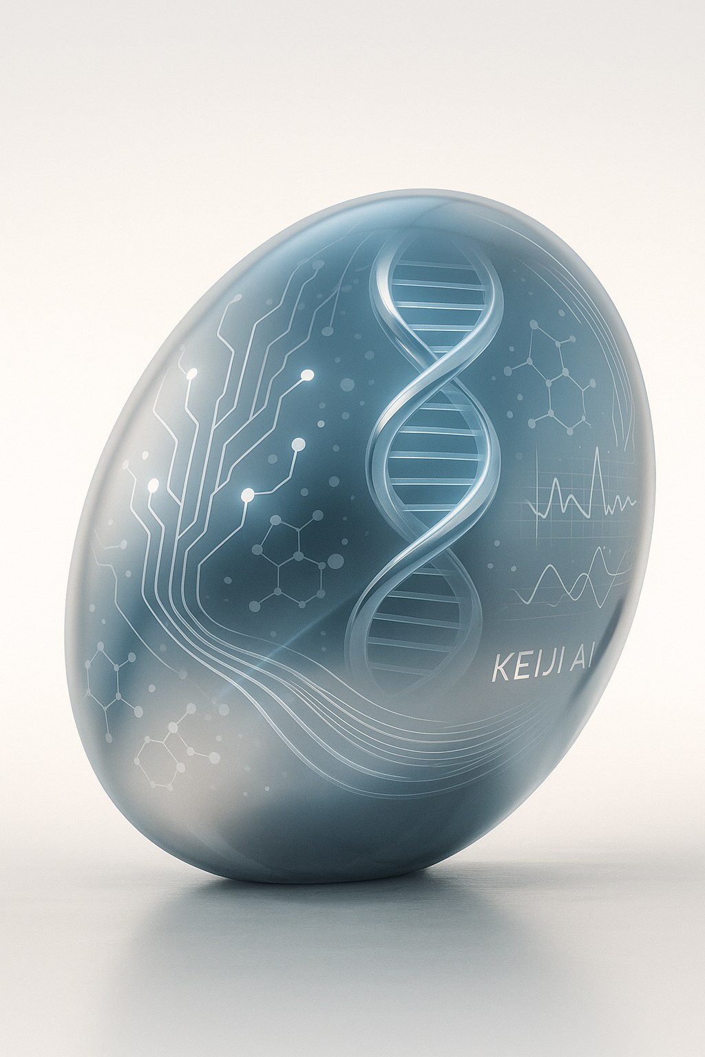 Keiji AI conceptual image showing DNA, circuits, and data waveforms within a futuristic orb