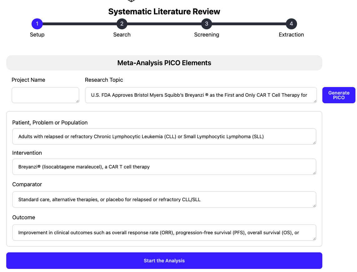 Literature Mining Assistant - Step 1: Setup - Meta-Analysis PICO Elements
