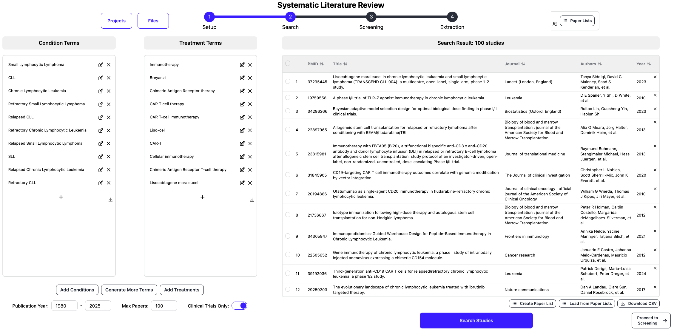 Literature Mining Assistant - Step 2: Search - Condition and Treatment Terms, Search Results
