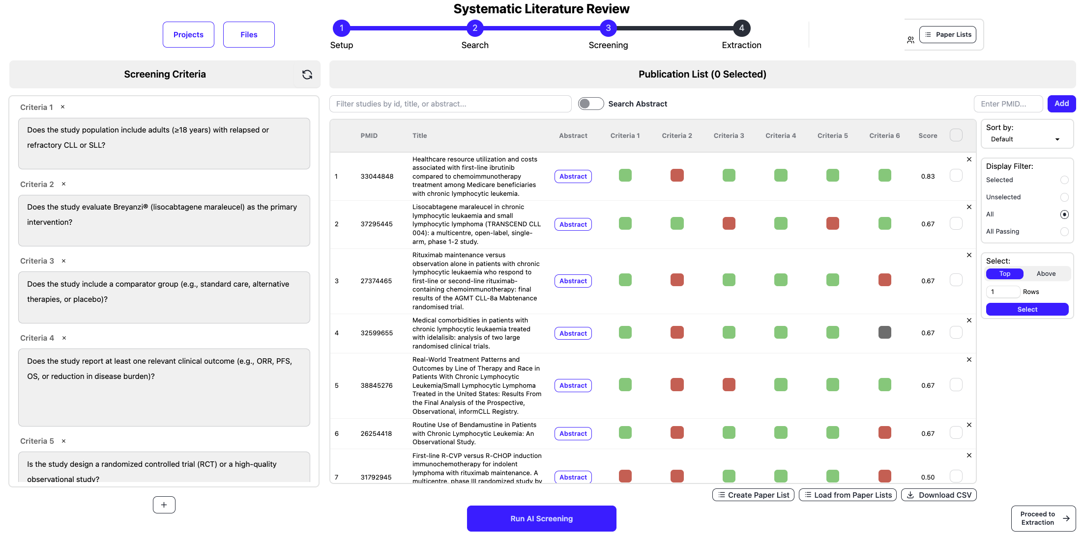 Literature Mining Assistant - Step 3: Screening - Screening Criteria and Publication List