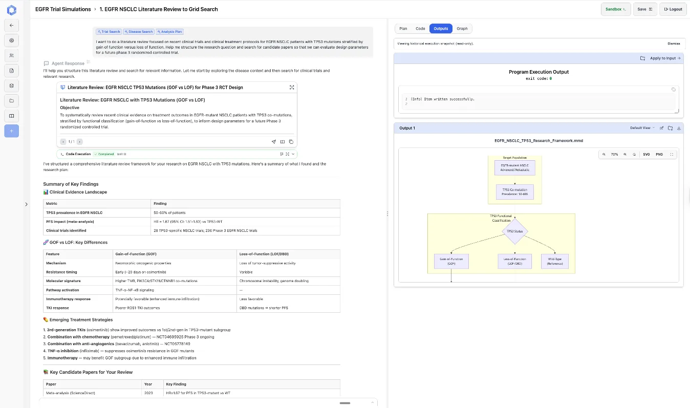 TrialMind resolving a literature review into a research framework, with candidate papers listed