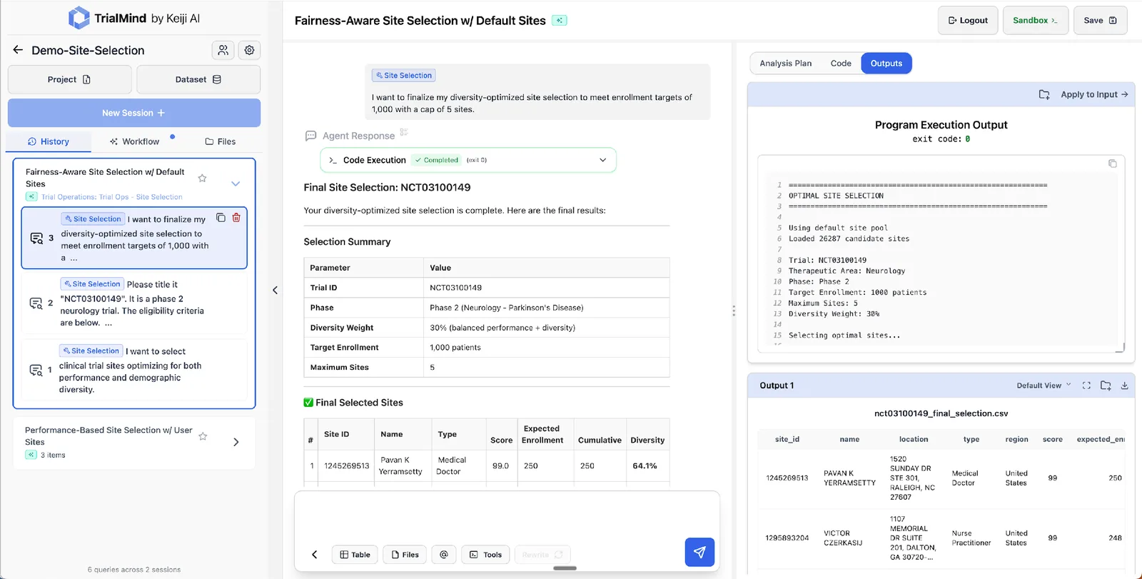 TrialMind ranking candidate sites to a shortlist