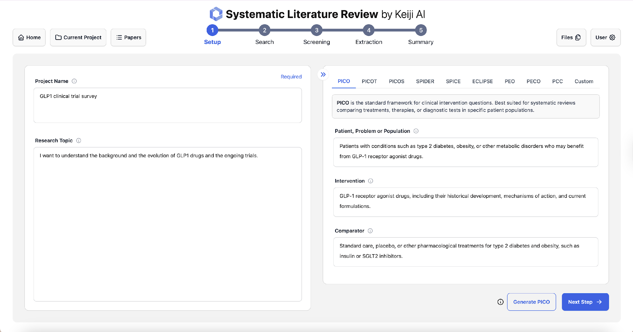 TrialMind systematic review setup with a PICO research question