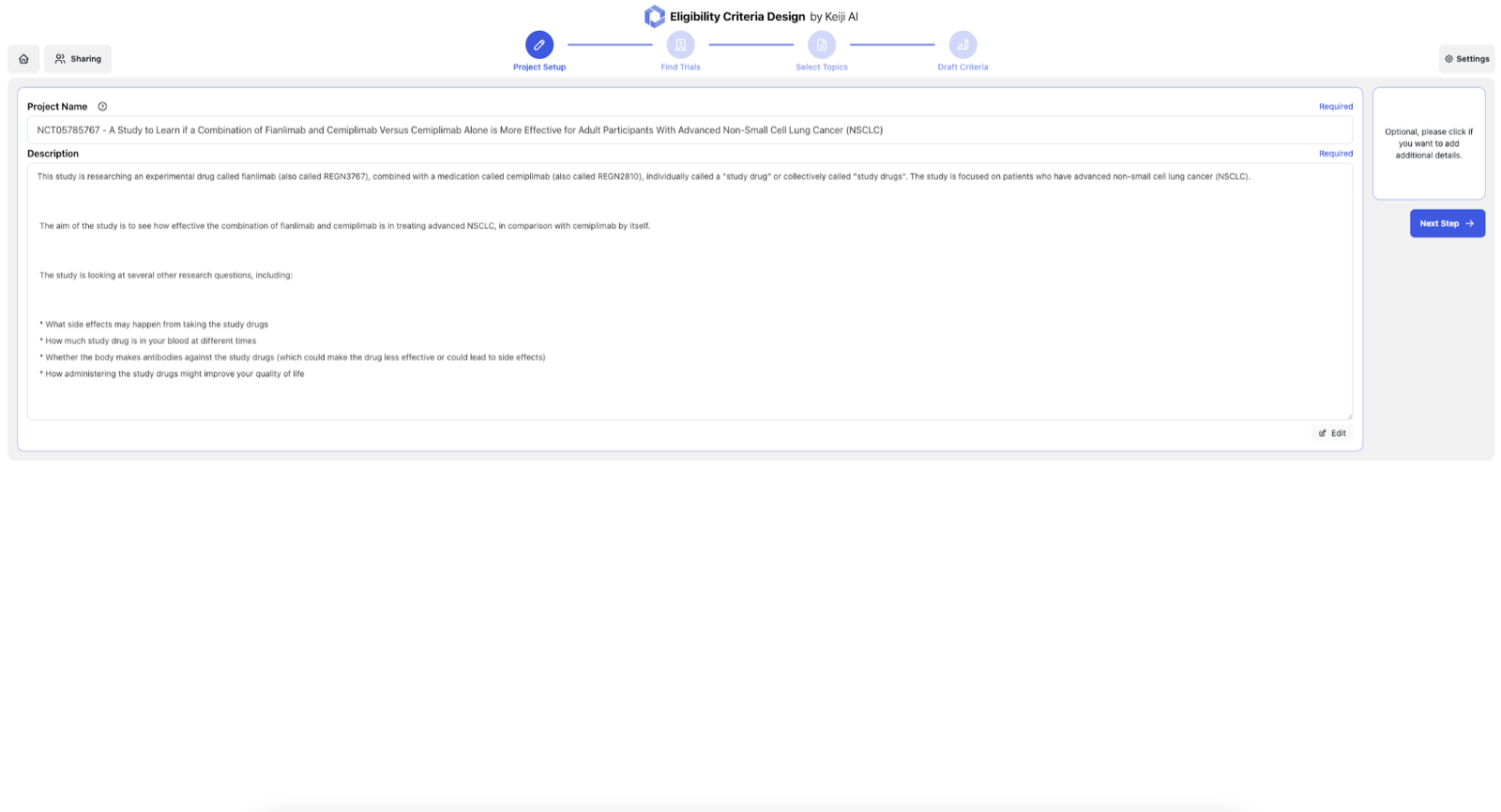 Entering the study description and objectives for eligibility criteria optimization