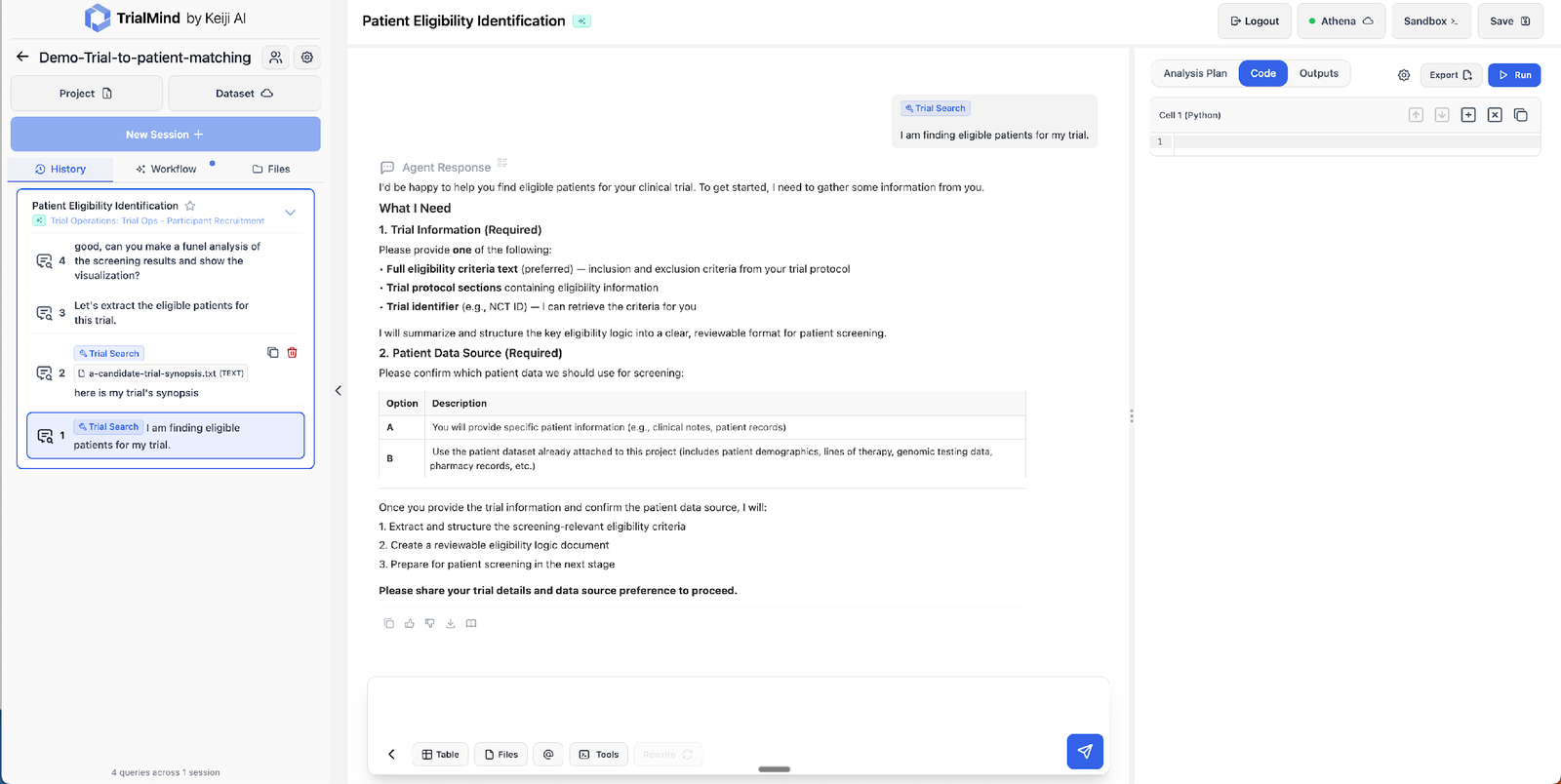 Ingesting a trial protocol or identifier and connecting the relevant patient data sources